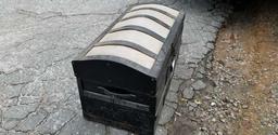 Vintage Trunk, painted silver and black, 32" x 16" x 18"h w/lift out shelf, bow (hump) top
