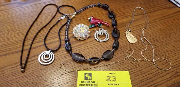 Group of Costume Jewelry:   Necklaces, Coat Pins, chains