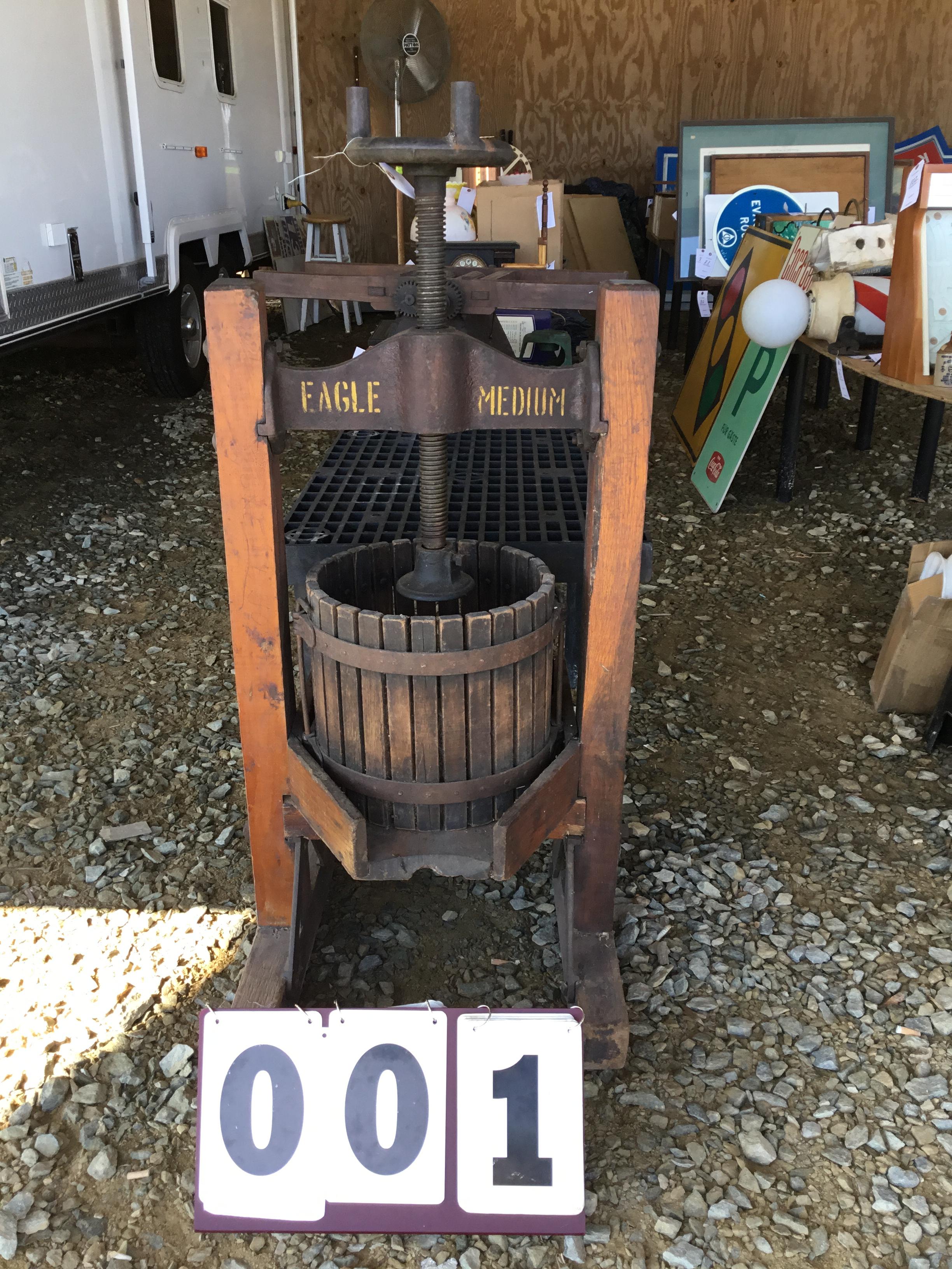 Eagle Medium Cider Press, approx. 41" x 40" x 20", catch tray has some minor damage