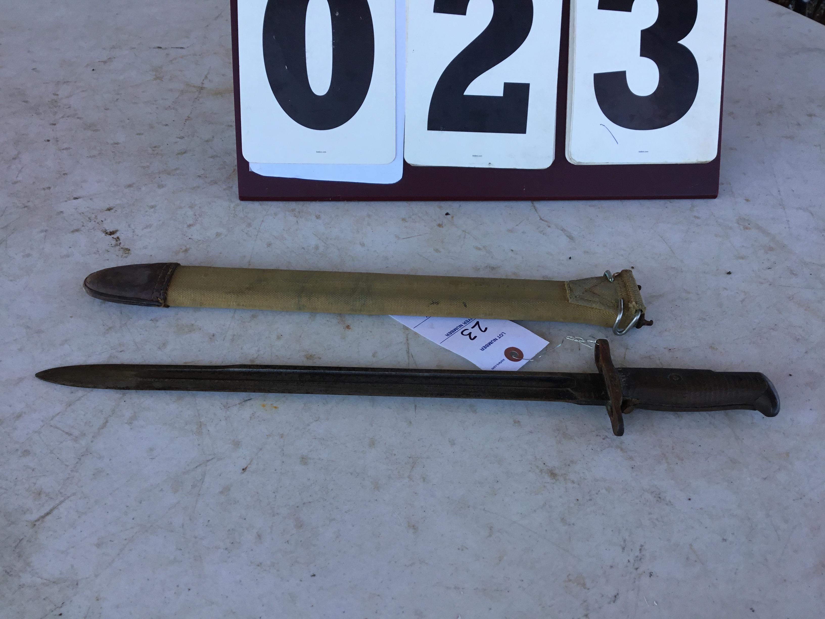 Bayonet, stamped SA1907, US 198610 w/ sheath, approx. 22" w/ sheath, blade approx. 15 3/4"