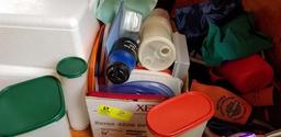 Box Lot of Tupperware, Box of Coozies and Insulated Lunch Bags, and 2 Styrofoam Cooler Boxes