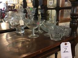Half Shelf of Cut Glass includes Creamer, Button and Bows Asparagus Boat, Glasses,& Candle Holders