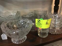 Cut Glass Lot of Shamrock Dish Set, Etched Compote Bowl, and Large Fluted Fruit Bowl