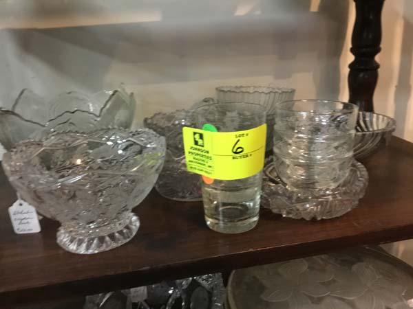 Cut Glass Lot of Shamrock Dish Set, Etched Compote Bowl, and Large Fluted Fruit Bowl