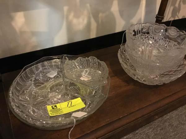 Shelf ofGlass Serving Tray, Crystal Tray, Floral Etched Leaded Glass Bowls, & Large Divided Dish