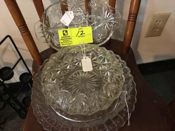 Depression Cake Plate in bubble pattern, Floral Quiche Dish, Large Clear Glass, and Divided Dish