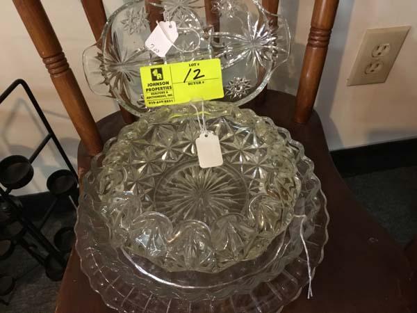 Depression Cake Plate in bubble pattern, Floral Quiche Dish, Large Clear Glass, and Divided Dish