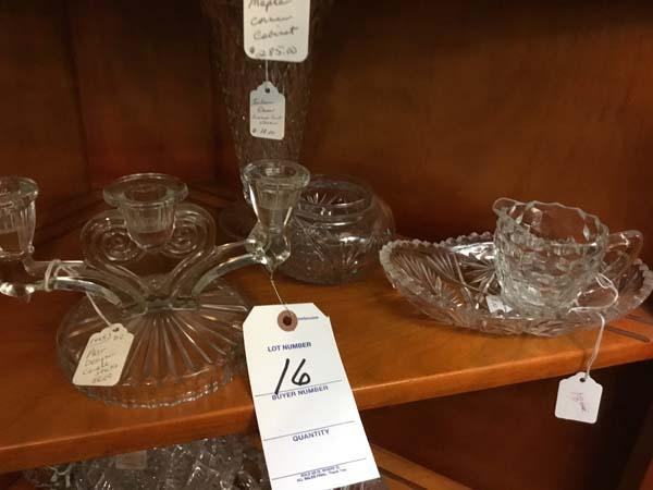 Second Shelf of Indiana Glass Point Vase, Pair of Depression Candlesticks, and Cut Glass Dish