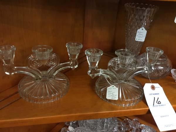 Second Shelf of Indiana Glass Point Vase, Pair of Depression Candlesticks, and Cut Glass Dish