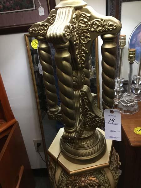 Ornate Gold 1970's Sculpturite Signed Lamp; 43" tall