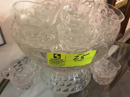 Beautiful Matching Federal Glass Punch Bowl with Hand Blown Glass Ladle and 35 Cups