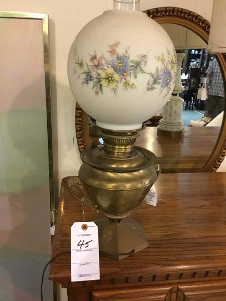 Antique Rayo Electrified Metal Oil Lamp with Frosted Glass Hand Painted Shade; 21" tall