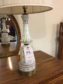 Tall Vintage Handpainted Milk Glass Lamp with Metal Base; 33" tall with shade