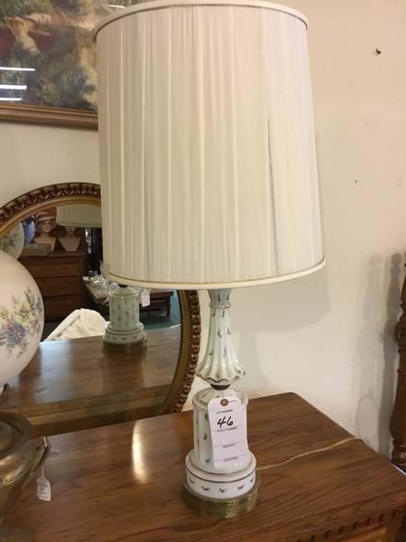Tall Vintage Handpainted Milk Glass Lamp with Metal Base; 33" tall with shade