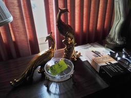 Pair of Exotic Birds, 13" tall x 12" wide with Glass Bowl in Brass Footed Base