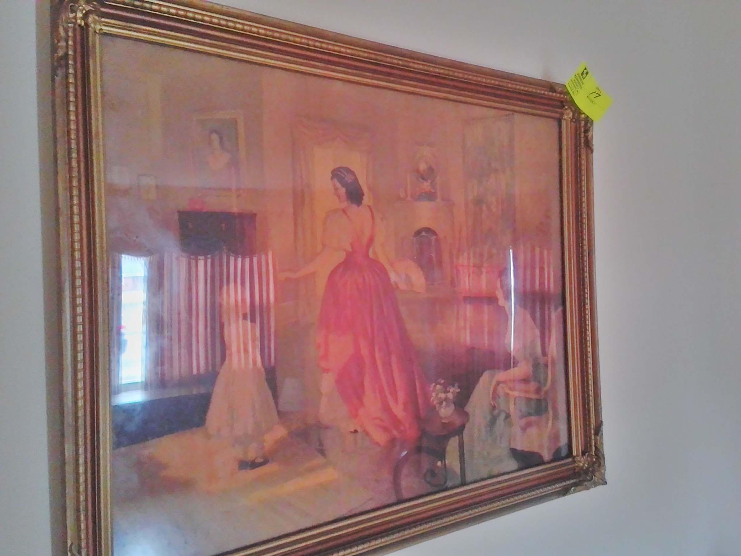 Vintage Framed Print, Signed by Frederick Mizan, with Victorian Women in Formal Area, 33"  x 27.5"