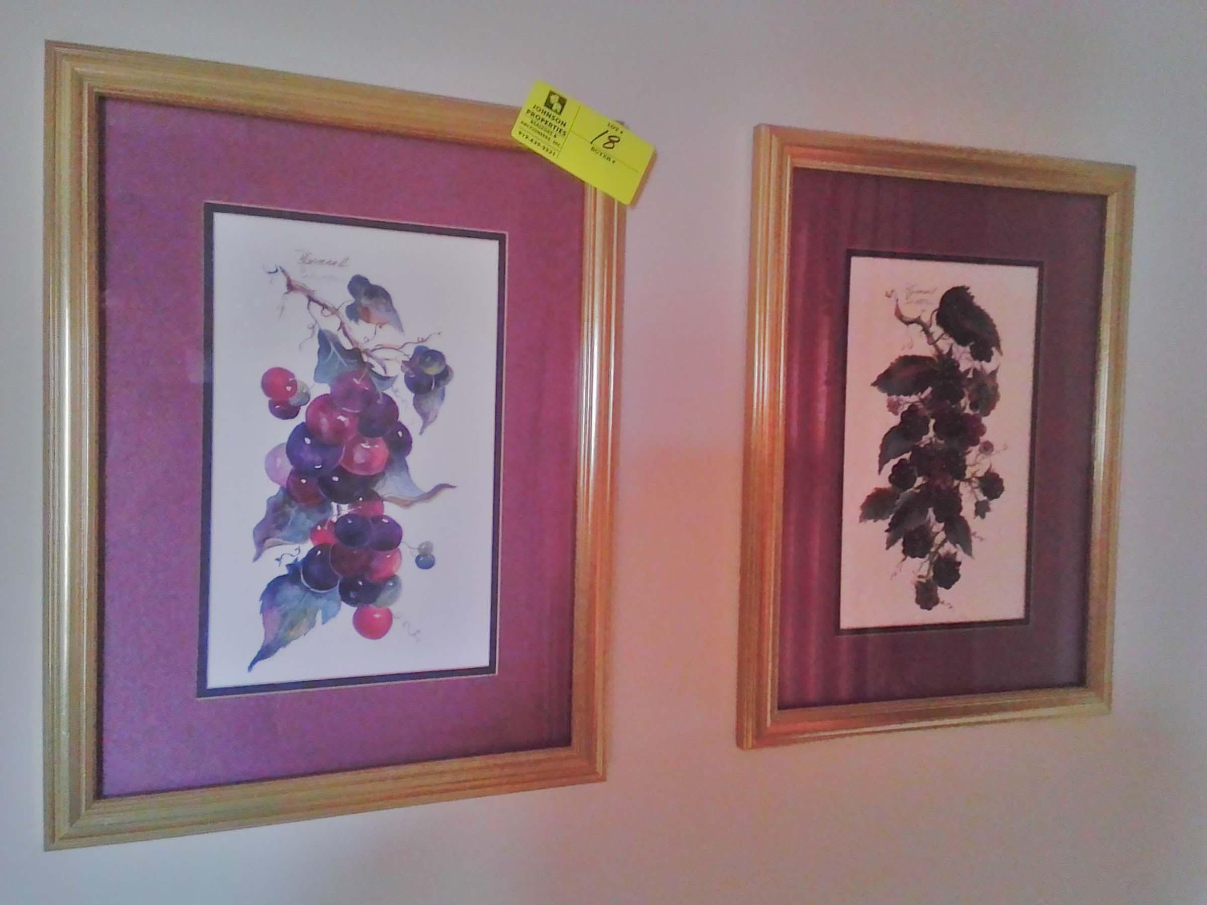 Pair of Prints by B. Sumroll, Signed, Still Life Blackberries and Grapes, Purple Matting, 20" x 15"