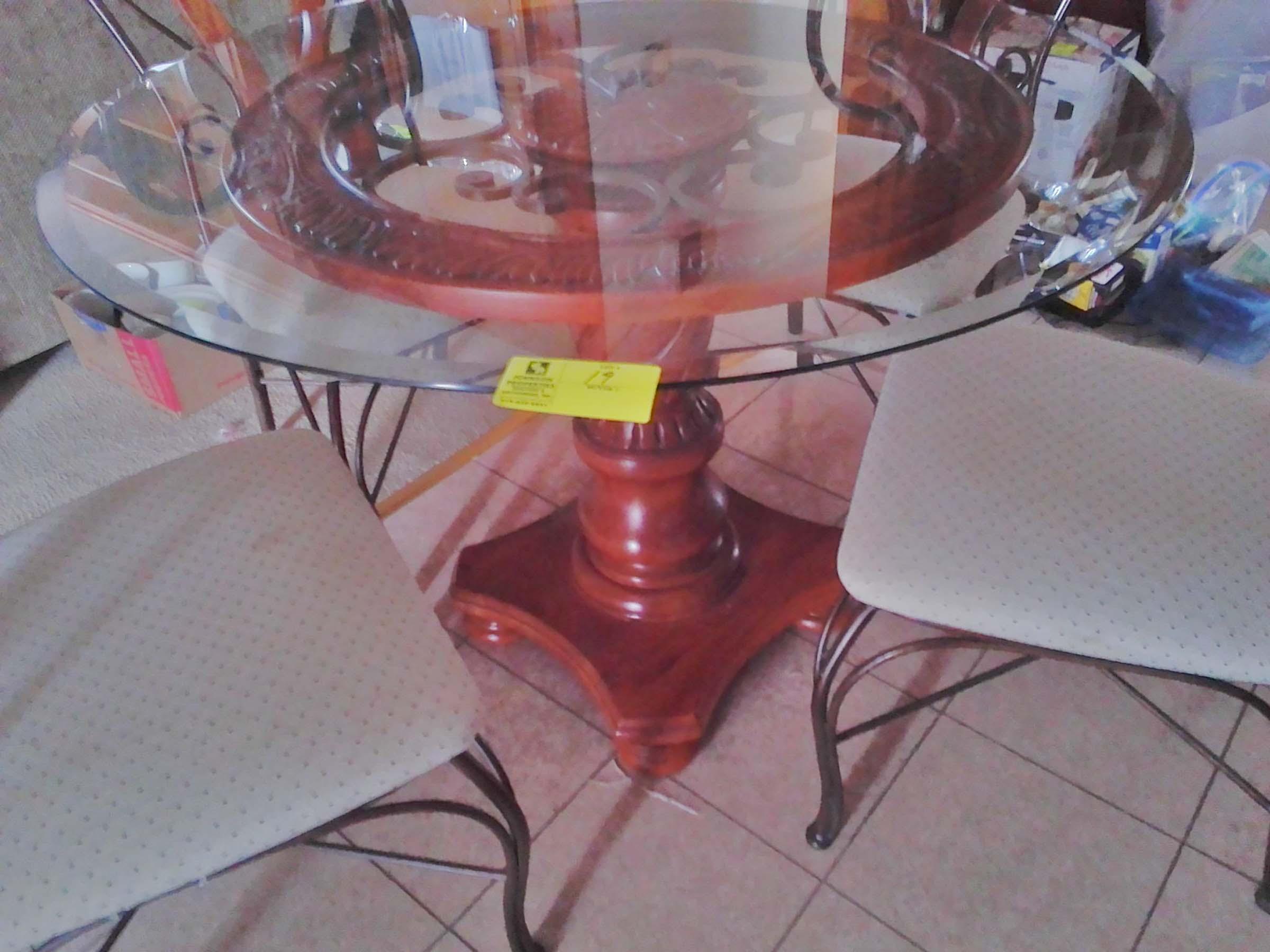 Dining Set, Glass Top with Wood and Metal Base, Wood Pedestal, 44" diameter, 4 Matching Chairs