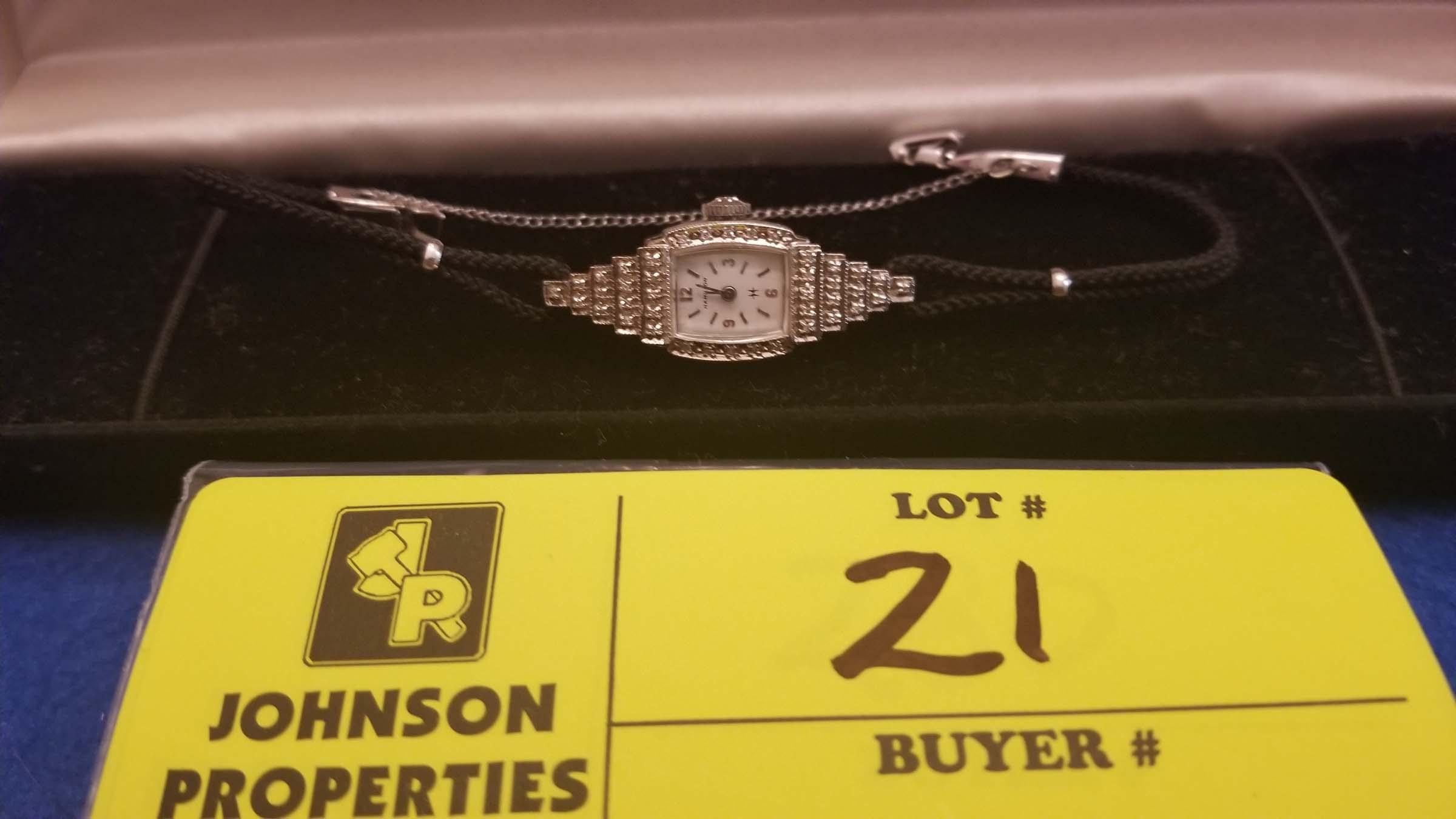 Estate Jewelry: Hamilton Vintage Lady's Watch with genuine diamonds; 14K white gold case
