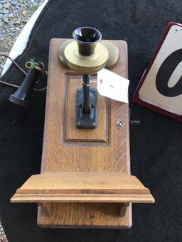 Antique Wall Crank Telephone, Oak Cabinet, Approx. 9 1/2" x 20"