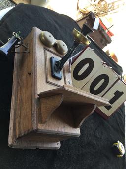 Antique Wall Crank Telephone, Oak Cabinet, Approx. 9 1/2" x 20"