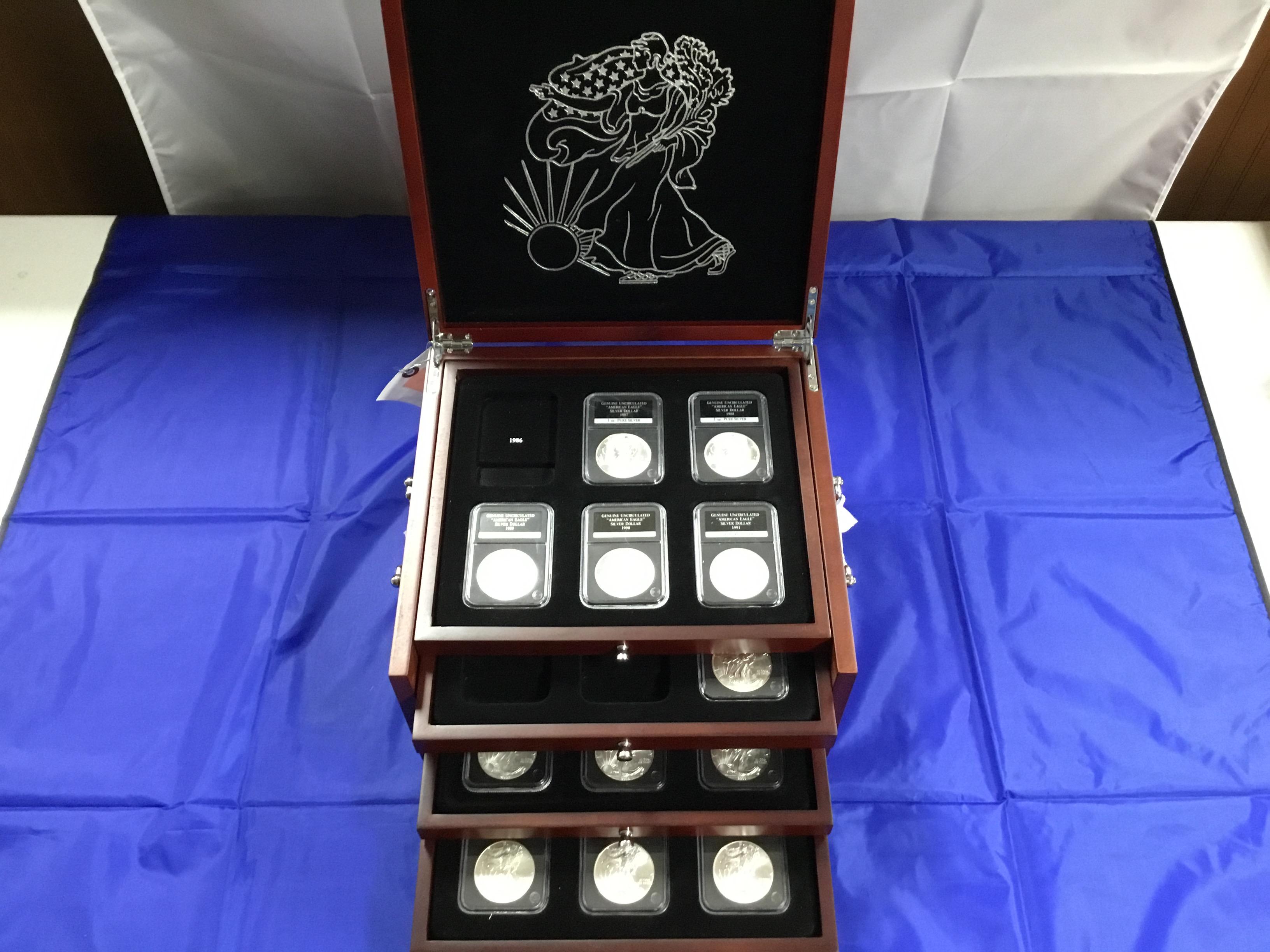 The Uncirculated "American Eagle" Silver Dollar Collection, in Display Case, Velvet Lined, 5 Drawers