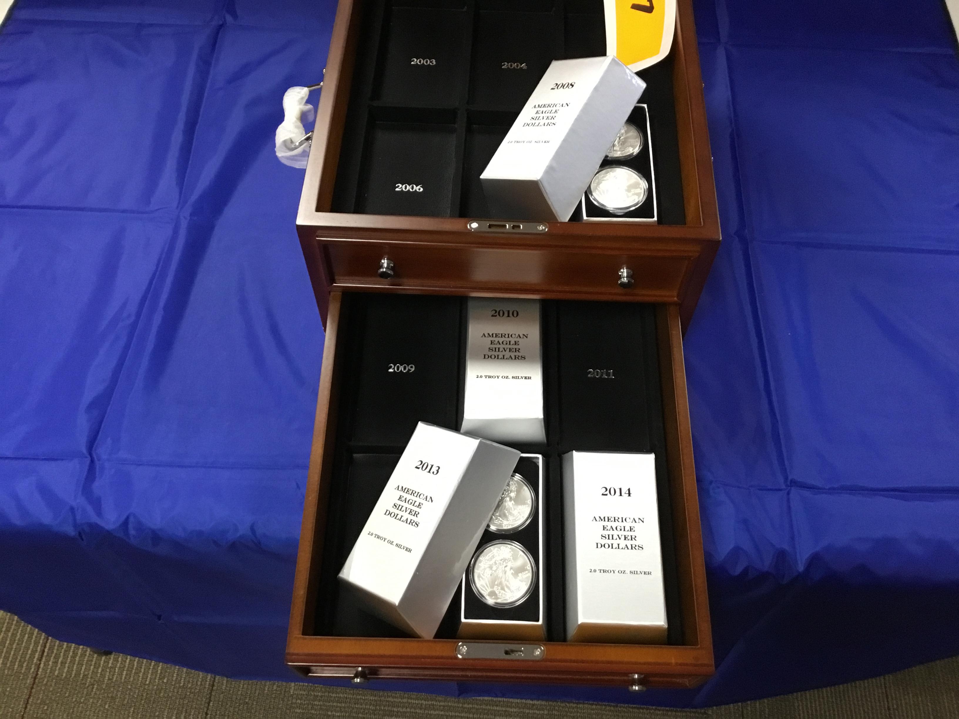 American Eagle Silver Dollars 2.0 Troy Ozs. Silver in 2 drawer, hinged lid, velvet lined display cas