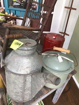 Group of Tin Containers; includes Armco Can with Lid and Spout, 15" tall; Enamelware Bedside Pan, 8"