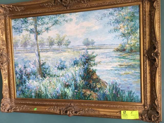 Gold Ornate Framed "Monet Colors" Oil on Canvas Painting, Signed P. Belloni