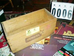 Vintage Armour Wooden Crate Box, marked Argentina, filled with Vintage Record Albums