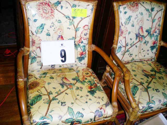 Pair of Bamboo Style Chairs with Laminated Cotton Parrot and Floral Designed Coverings