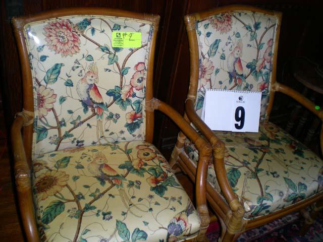 Pair of Bamboo Style Chairs with Laminated Cotton Parrot and Floral Designed Coverings