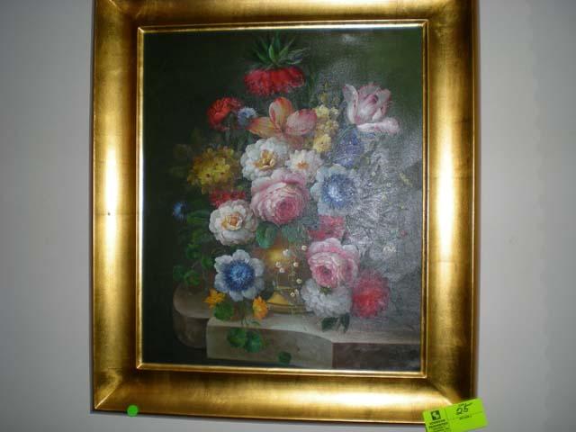 Gold Wooden Framed Oil on Canvas Still Life of Floral Arrangement on Pedestal, 31"x27"