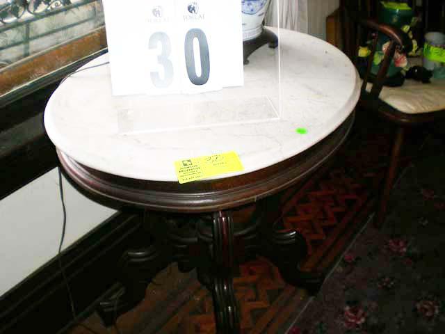 Marble Top Wooden Base Lamp Table with Four Heavily Carved Legs, 27" across x 22" long x 28.5" tall