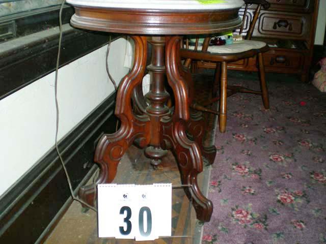 Marble Top Wooden Base Lamp Table with Four Heavily Carved Legs, 27" across x 22" long x 28.5" tall