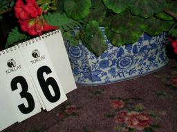 Oriental Style Blue and White Planter with Handles, 16"x11"x8", filled with Faux Geraniums