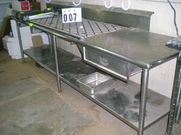 Stainless table 9'9"l x 28"d, 7'10" backsplash, 34" t bottom shelf false drawer