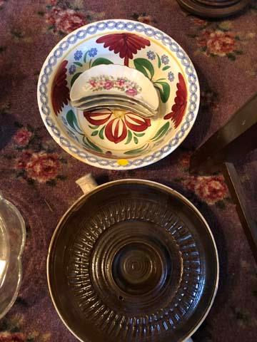 Three Pottery Pieces and Four Bone Plates; Pottery Pieces include Covered Urn (13" tall), Covered Ca