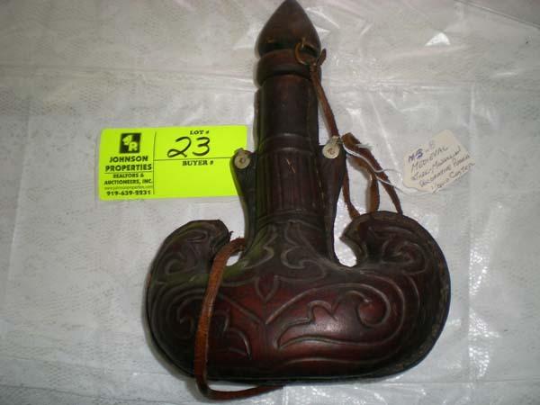 Medieval leather flask, 10" x 7" Turkish-Mongolian decorative pouch