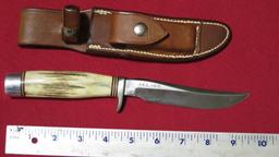 Randell 75 9.5" knife w/stag handle in leather sheath w/sharpening stone O.