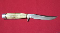 Randell 75 9.5" knife w/stag handle in leather sheath w/sharpening stone O.