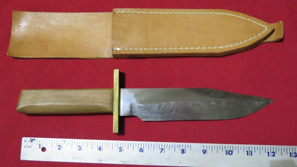 12" wood handled knife w/leather sheath & 11" Wood handled knife w/leather