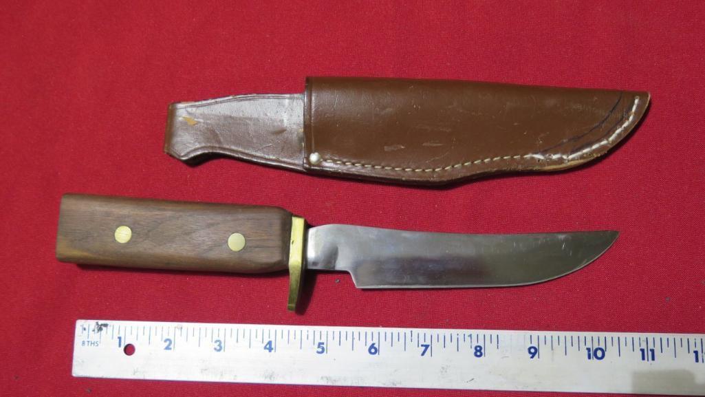 12" wood handled knife w/leather sheath & 11" Wood handled knife w/leather