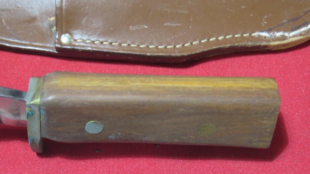 12" wood handled knife w/leather sheath & 11" Wood handled knife w/leather