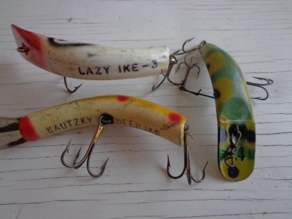 Vintage Fishing Lures and Reel; Lures; LAZZY IKE - 3, KAUTSKY DEEP ICE, PFL