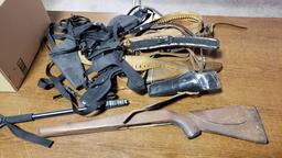 Wood stock, nylon holsters, leather slings & ammo belts, tag#1577