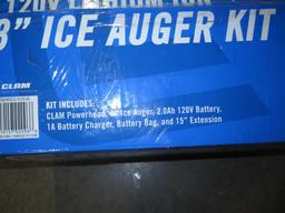 Clam 120v 8" ice auger kit; powerhead, auger, battery, & battery charger -