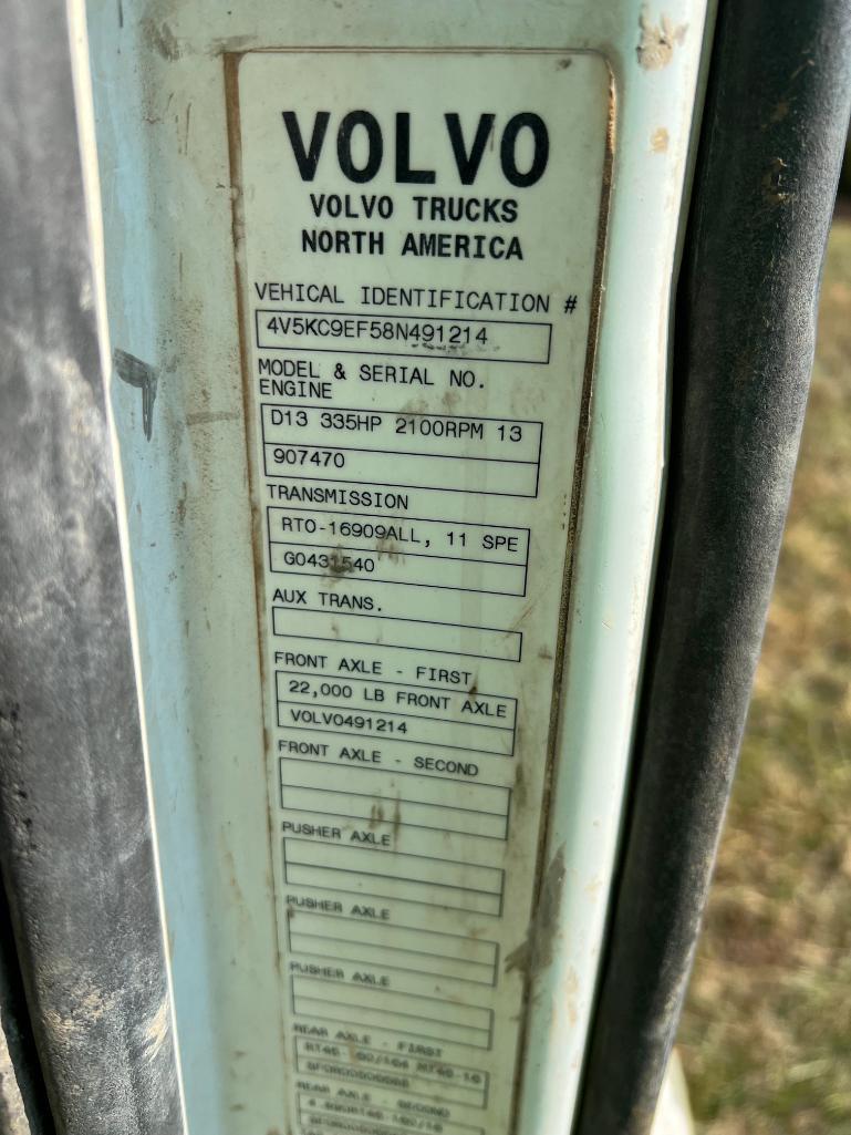 2008 Volvo Concrete Mixer, VIN #4V5KC9EF58N491214, Miles 169,044, Eaton Fuller 9 Speed RTO-16909ALL,