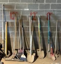 landscape tools to include spade, shovel, squeegee, broom, levels