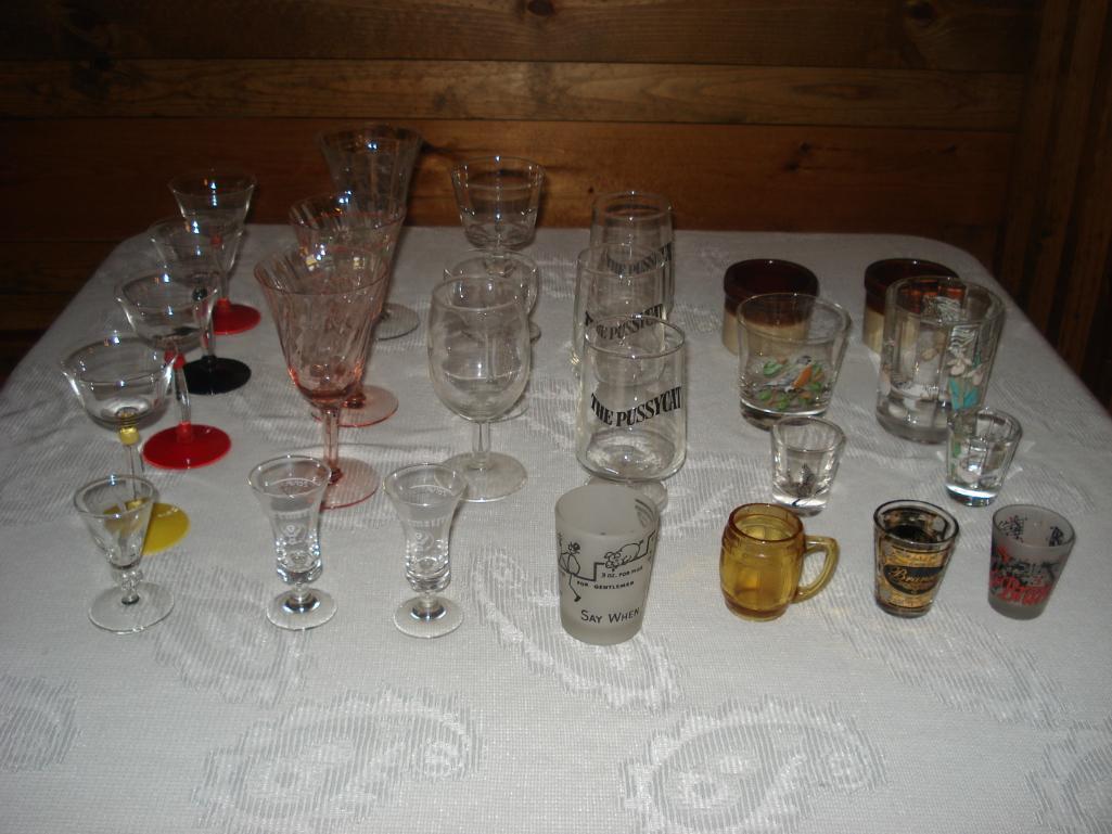 Assorted Glassware and stoneware - Shot glasses- Mismatched stemware